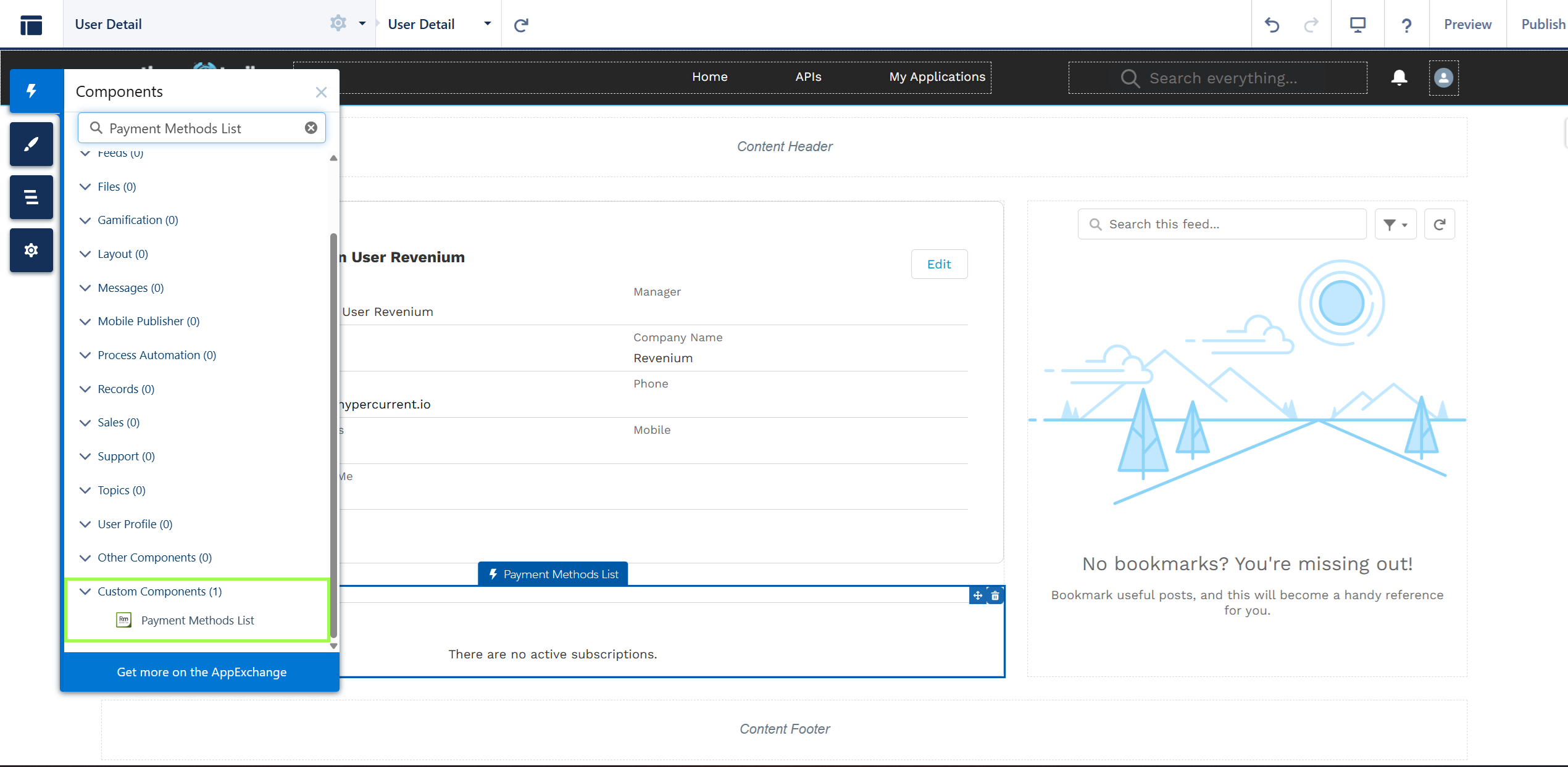 Screenshot showing the 'Payment Methods List' component placed on the User Detail page within Salesforce Experience Site Builder.